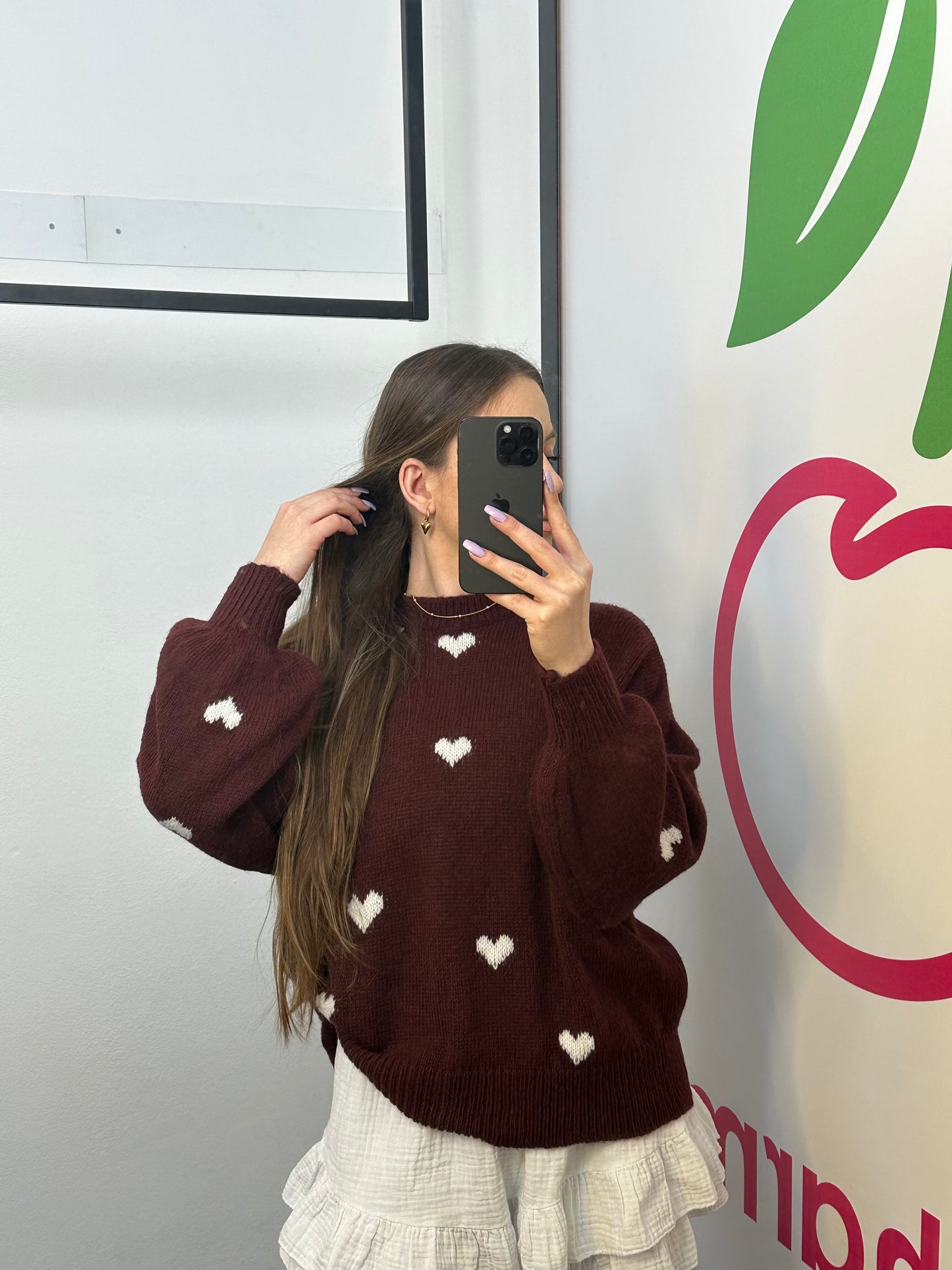 PULLOVER "HERZI" BURGUNDER/WEISS