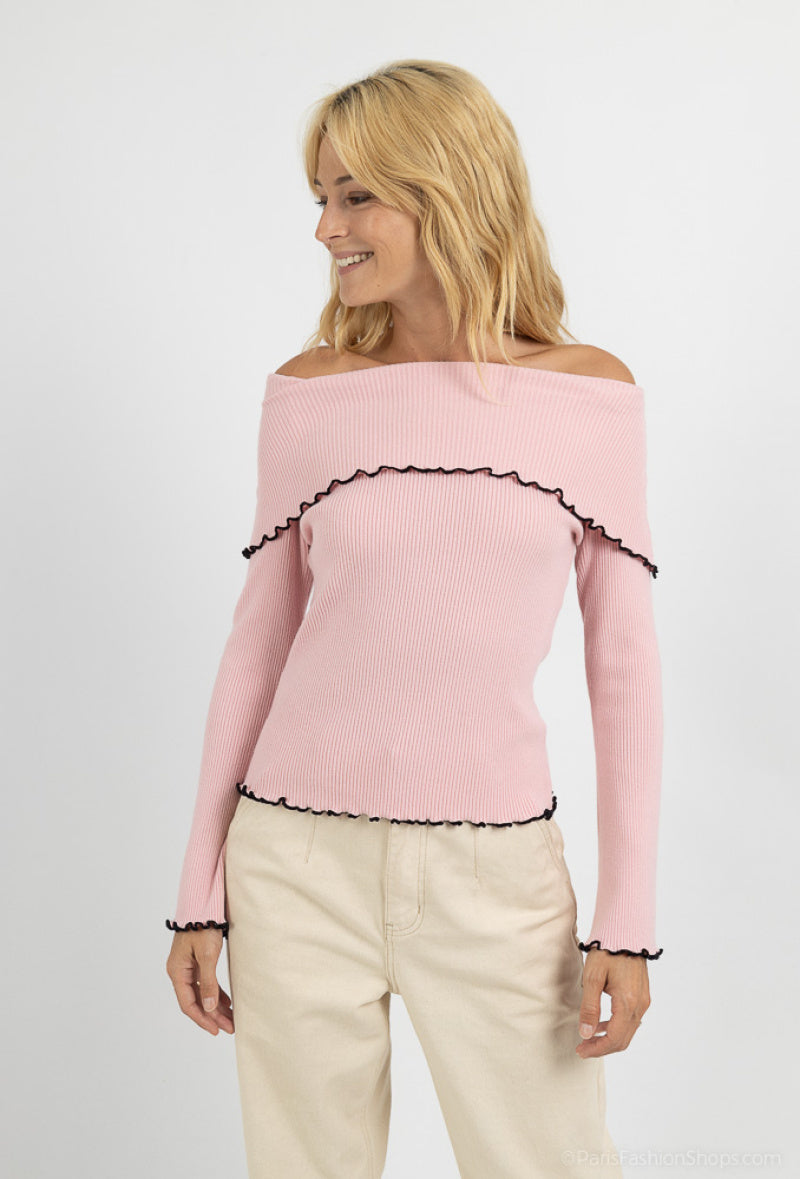 PULLOVER "ROSY" SCHULTERFREI MIT RÜSCHEN