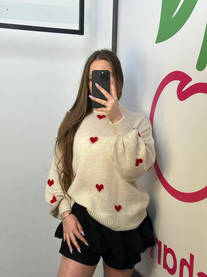 PULLOVER "HERZI" BEIGE/ROT