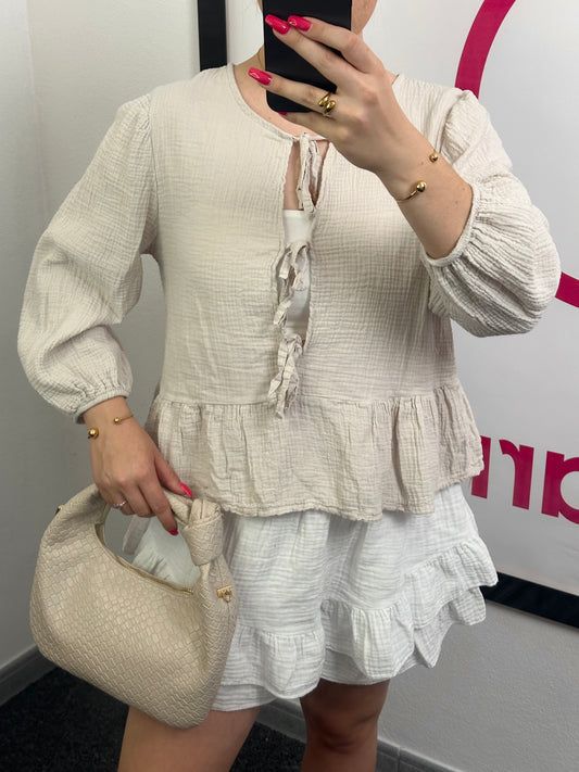 MUSSELIN KNOTEN-BLUSE "OHANA" BEIGE