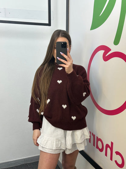 PULLOVER "HERZI" BURGUNDER/WEISS