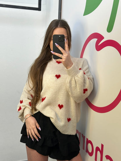 PULLOVER "HERZI" BEIGE/ROT